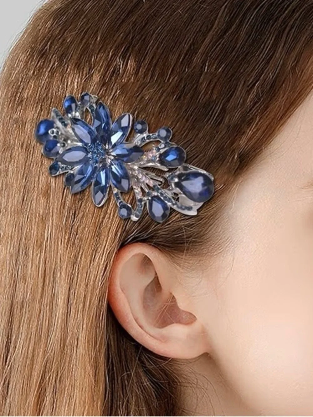 Anthropologie Navy and Silver Crystal Floral Hair Barrette